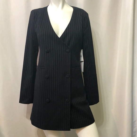 Good American NWT Navy & White Pinstripe Collarless Boss Blazer Dress Size 0 - Picture 4 of 12